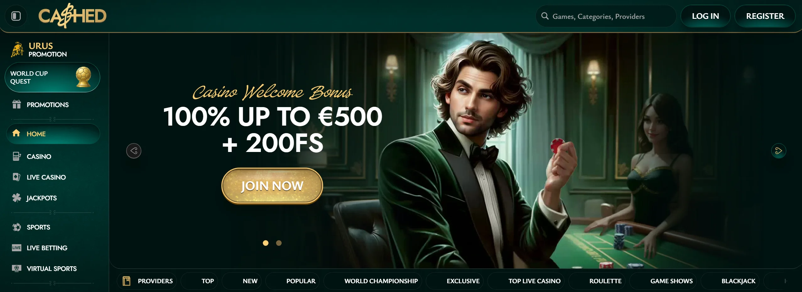 Cashed frontpage with 100% welcome bonus displayed
