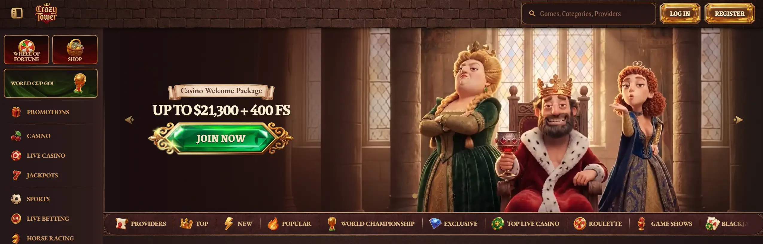 Crazy Tower homepage with welcome package up to $21,300