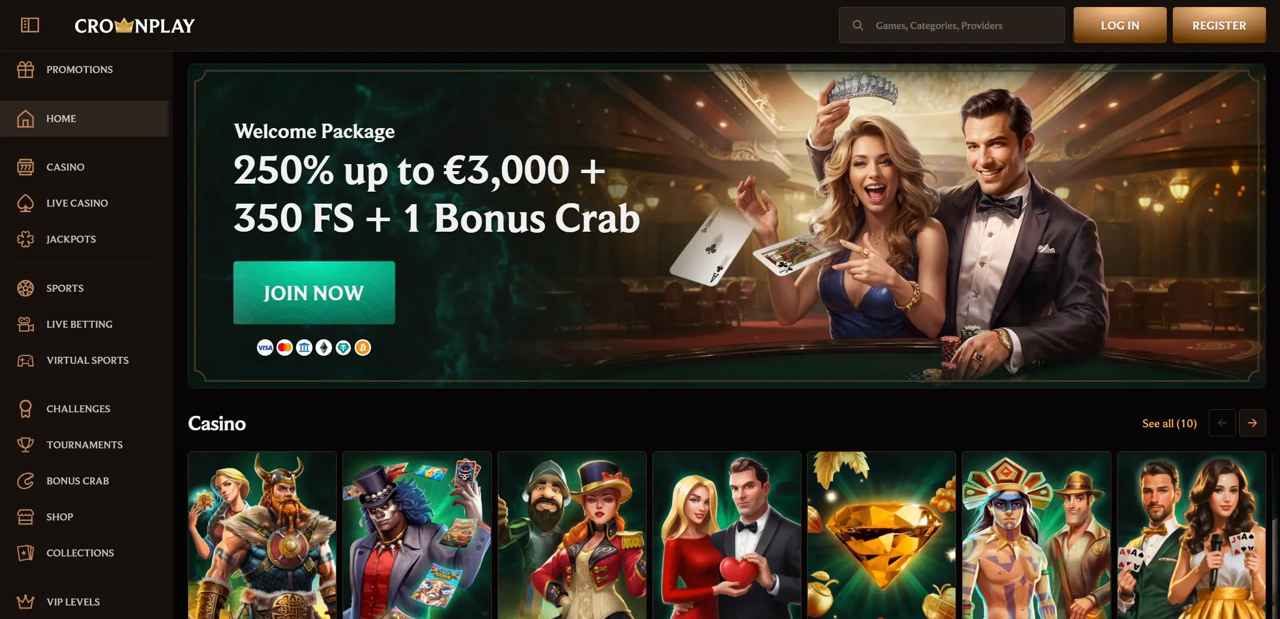CrownPlay homepage with 250% welcome package displayed