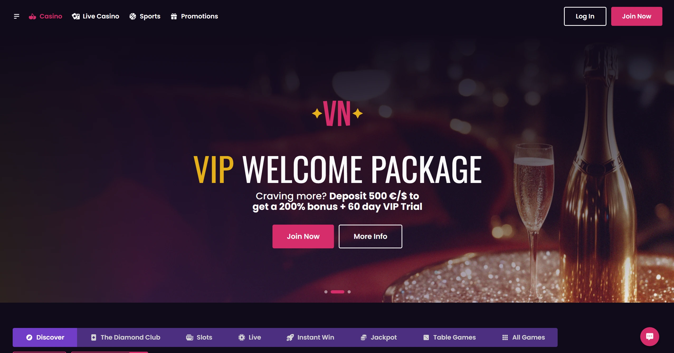 Vegas Now frontpage with welcome package displayed